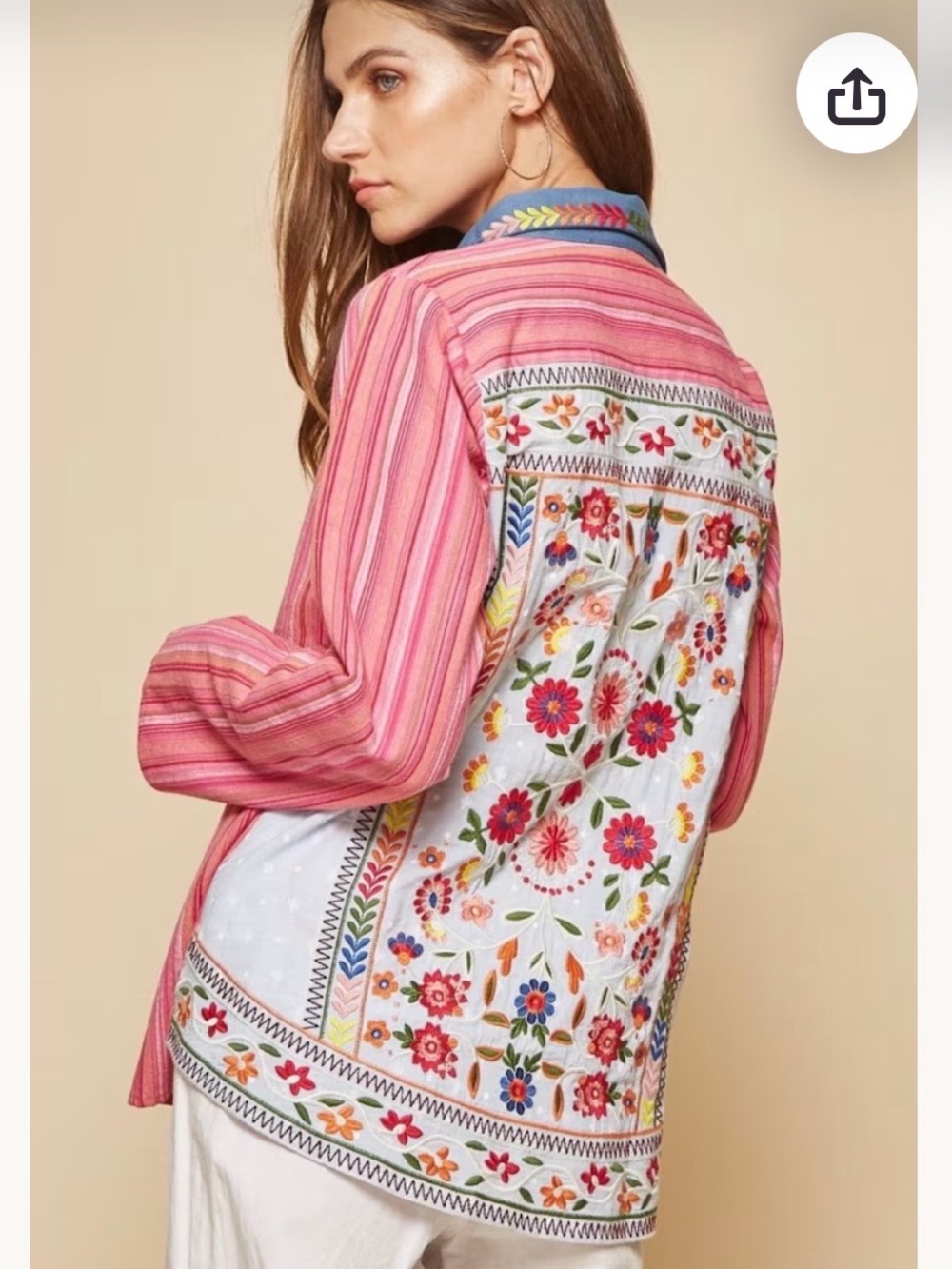 Savanna Jane M Pink Stripe Cotton Blend Floral Embroidered Boho Button Shirt